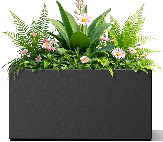 FENCY Metal Rectangular Planter Box, Large Planters for Outdoor Plants, Tall Planters for Outdoor Plants with Drainage Holes (32" L x 10" W x 16.3" H,Black)
