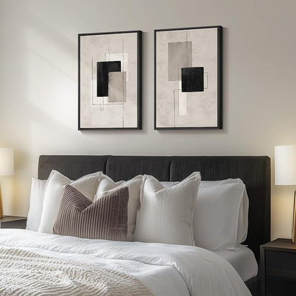Framed Neutral Abstract Wall Art Set of 2, Minimalist Block Lines Pictures - Image 2