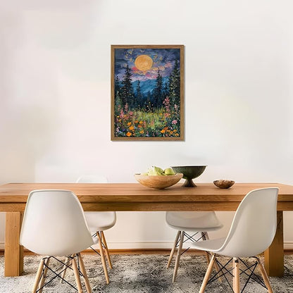 Framed Nature Forest Canvas Wall Art, Full Moon above Wildflowers and Woodland - Image 7