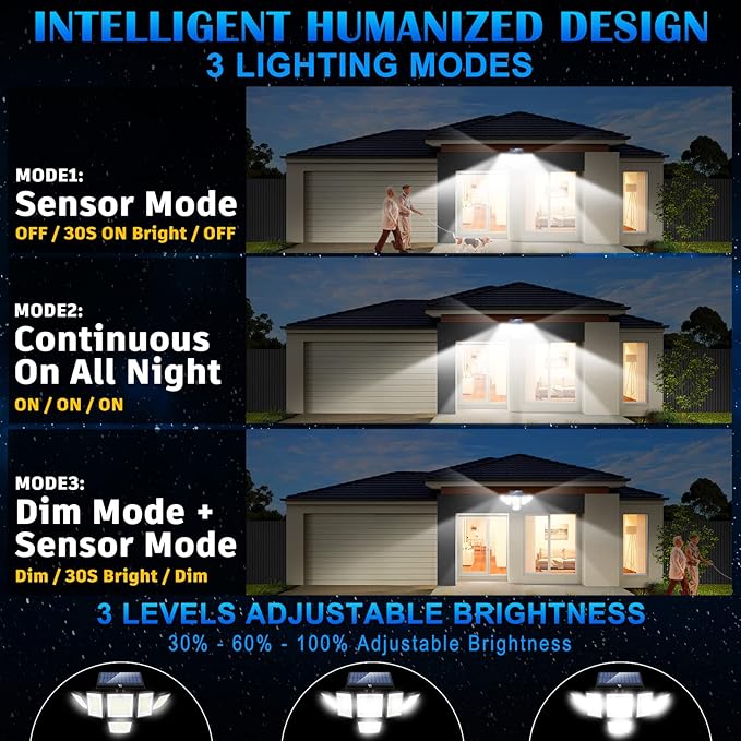 Solar Motion Sensor Flood Lights Outdoor - 496LEDs 3500LM 3 Lighting Modes 3 Levels Brightness, 6 Heads 360° Illumination, IP65 Solar Security Lights,for Porch Yard Patio Garage(3 Packs)