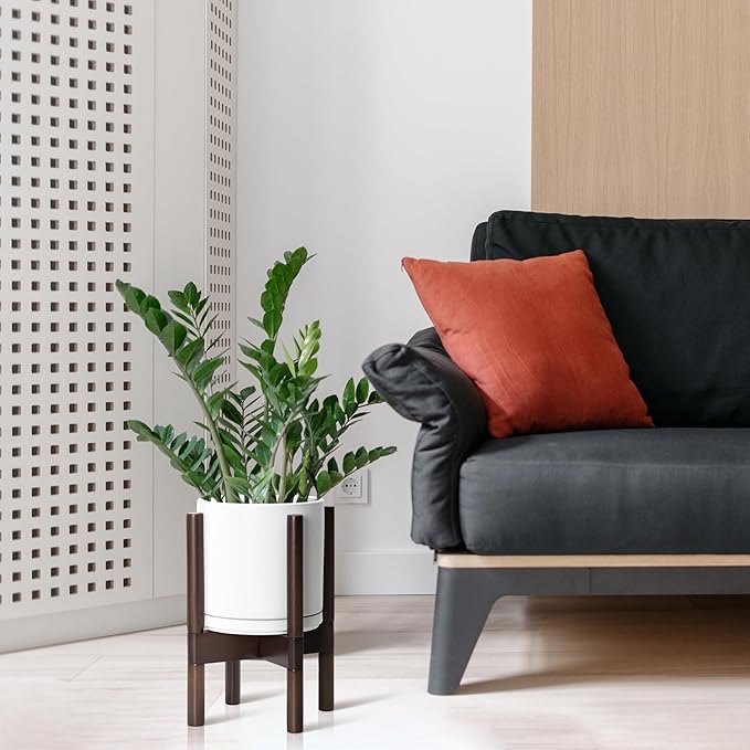 D'vine Dev Ceramic Planter with Walnut Color Stand - 8 Inch Modern Round Flower Pot with Wood Planter Holder, White, 55-B-Y-1