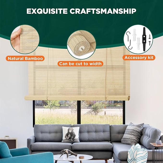 Bamboo Roller Blinds Shades, Outdoor Bamboo Roll Up, Vertical Lifting, - Image 3