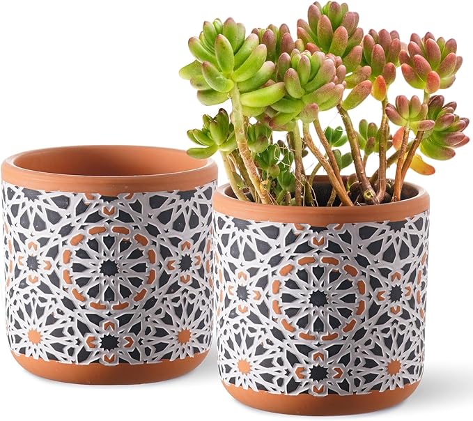 Ceramic Flower Pots for Indoor Plants Set of 2, 5 Inch Boho Plant Pot with Drainage Holes,Modern Planter for Decora Succulents/Snake Plant/Orchid/Peace Lily/House Plants,Terracotta