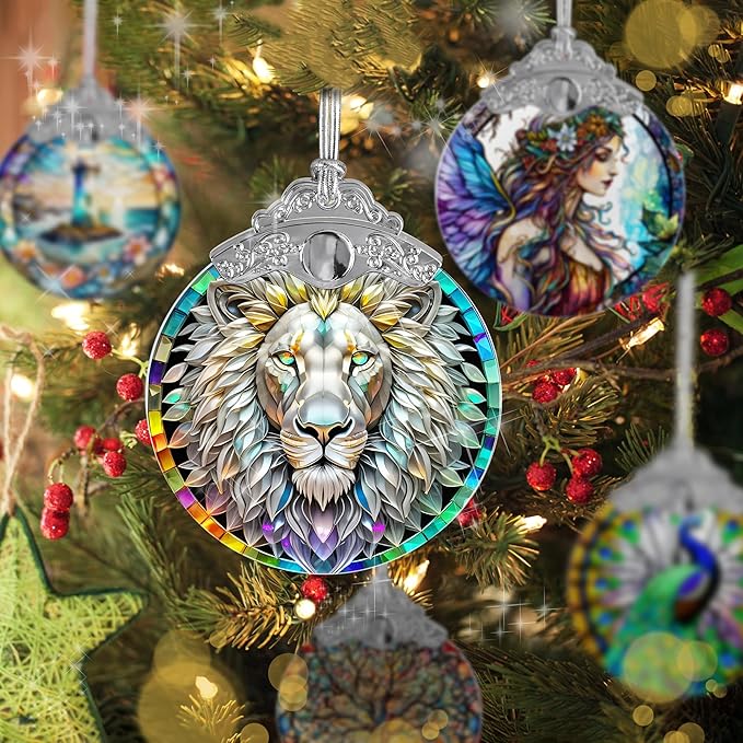 Stained Glass Suncatcher, Jocidea Lion Ornament, Christmas Ornaments, Holidays Ornaments, Christmas Tree Decor, Lion Decor for Home, Lion Gifts