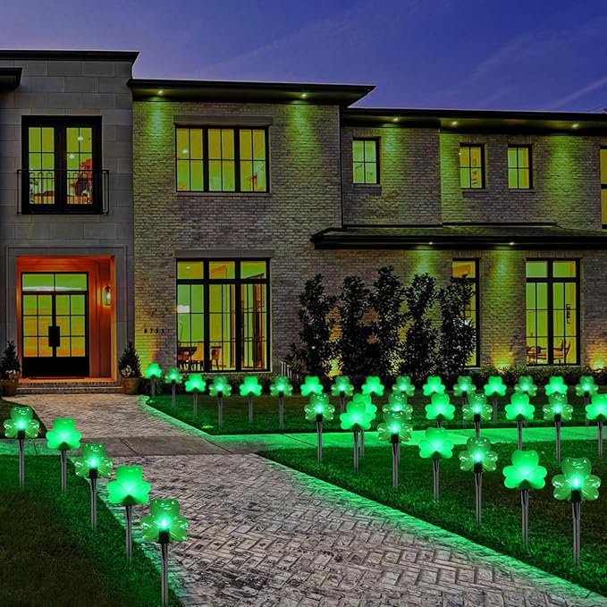 2*4 Pack LED St. Patricks Shamrock Pathway Lights for St. Patricks Day Decorations, Green Lucky Clover Pathway Stake Lights Outdoor Waterproof, UL Certified for Lawn Yard Walkway Irish Decor, Plug In