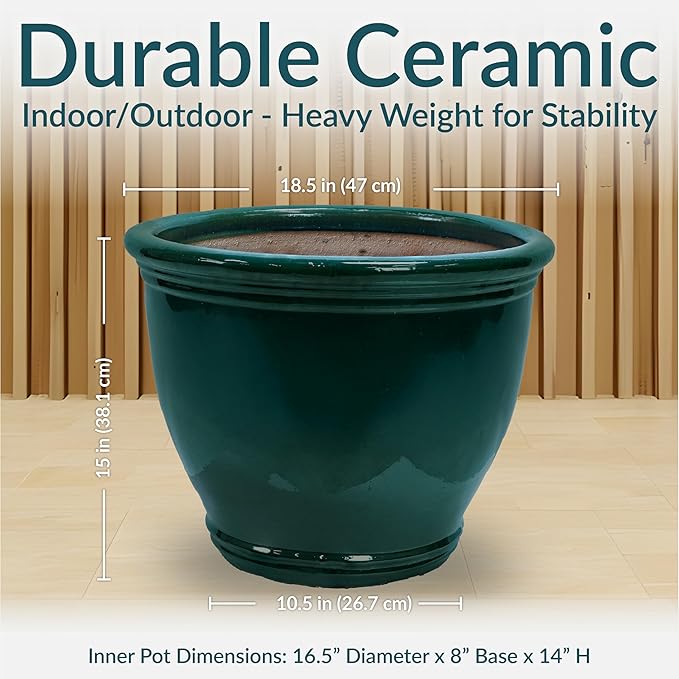 Sunnydaze Studio Large Ceramic Plant Pot - Round Outdoor Glazed Ceramic Planter Pot with Drainage - Dark Green - 18.5 in