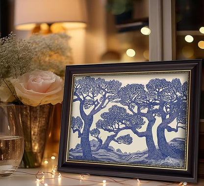 Vintage Gold Framed Wall Art Oak Tree Forest Painting Canvas Prints Blue - Image 6