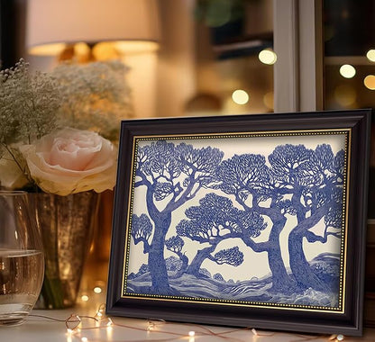 Vintage Gold Framed Wall Art Oak Tree Forest Painting Canvas Prints Blue - Image 9