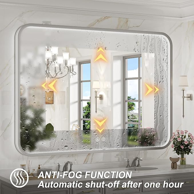LED Bathroom Mirror with Lights, 48x36 Inch Brushed Silver Framed Lighted - Image 4