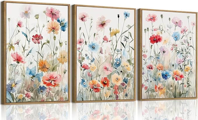KISSFOX Colorful Wildflower Canvas Wall Art Set Of 3 Flowers Pictures Prints by KISSFOX