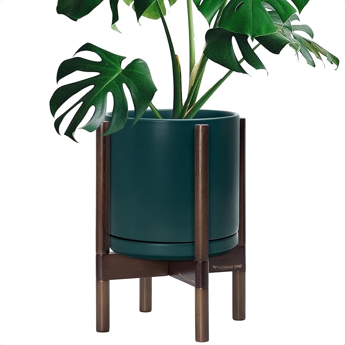 D'vine Dev Ceramic Planter with Walnut Color Stand - 10 Inch Modern Round Flower Pot with Wood Planter Holder, Teal, 55-B-X-4