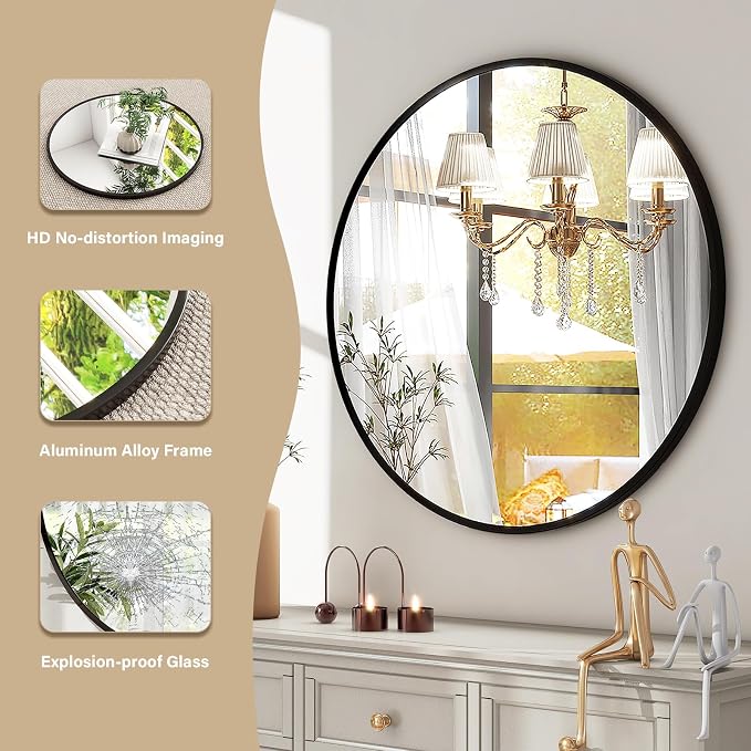 HARRITPURE Round Mirror 24 Black Wall Mounted Circle Mirrors Vanity Mirror - Image 4