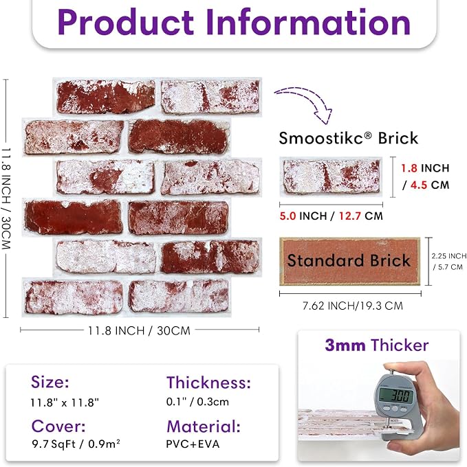 3D Peel and Stick Faux Brick Wall Panels 11.8" x 11.8" 10-Pack, Small - Image 3