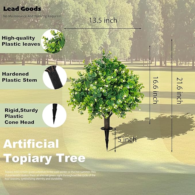 Artificial Boxwood Topiary Ball Trees 21.6" Tall UV Resistant Artificial Bushes, Set of 2 Faux Plants with Spike Easy to Push in The Ground for Indoor Outdoor Garden