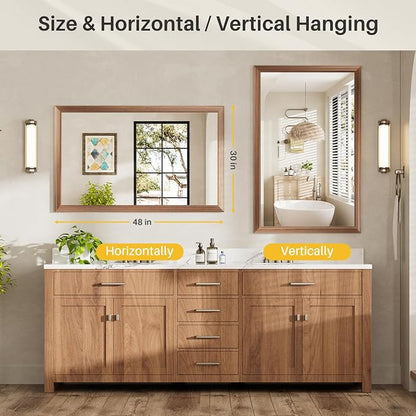 48x30 Inch Bathroom Mirror for Wall, Anti-Rust Walnut Wood Grain Metal Framed - Image 7