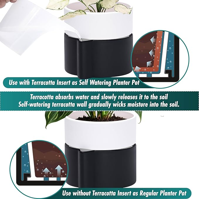 8 Inch Self-Watering Planter Pot with Terracotta Insert, Deep Water Reservoir, and Ceramic-Alike BPA-Free Plastic Planter Pot for Plant, Modern Planter for Houseplants, Black/White, 53-C-T-7