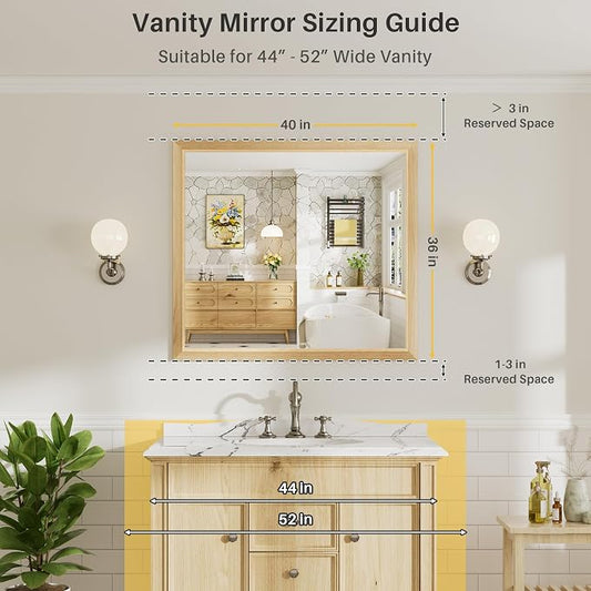 40x36 Inch Bathroom Mirror for Wall, Anti-Rust Oak Wood Grain Metal Framed - Image 2