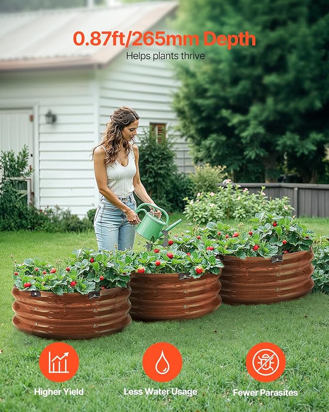 VEVOR 3 Pcs 2x2x1ft Round Galvanized Raised Garden Bed Kit, Outdoor Metal Raised Beds for Gardening Vegetables, Easy Assembly Garden Planter Box for Flowers Fruits with Open Base