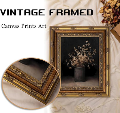 Vintage Gold Framed Wall Art Fall Dried Flowers Antique Vase Country Oil - Image 3