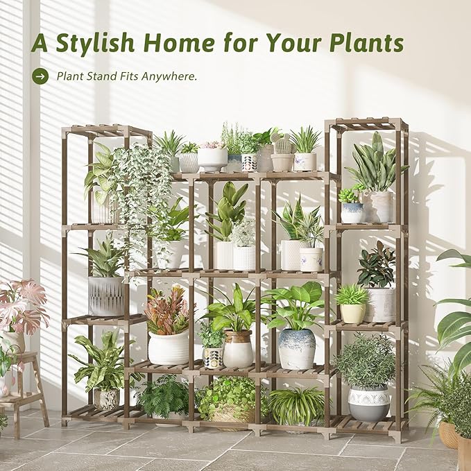 Large Plant Shelf 17 Pots Plant Stand Indoor Outdoor Tall Plant Rack Wood for Indoor Plants Multiple Plant Holder for Patio Balcony Garden Flower Stand Load-Bearing 600 LBS