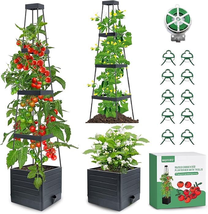 MQFORU 2Pack Raised Garden Bed Planter Boxes with Trellis, 57" Self-Watering Tomato Planter Boxes with Trellis for Climbing Vegetable and Plants, Tomato Cage for Indoor Outdoor Use