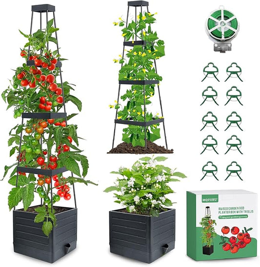 MQFORU 2Pack Raised Garden Bed Planter Boxes with Trellis, 57" Self-Watering Tomato Planter Boxes with Trellis for Climbing Vegetable and Plants, Tomato Cage for Indoor Outdoor Use