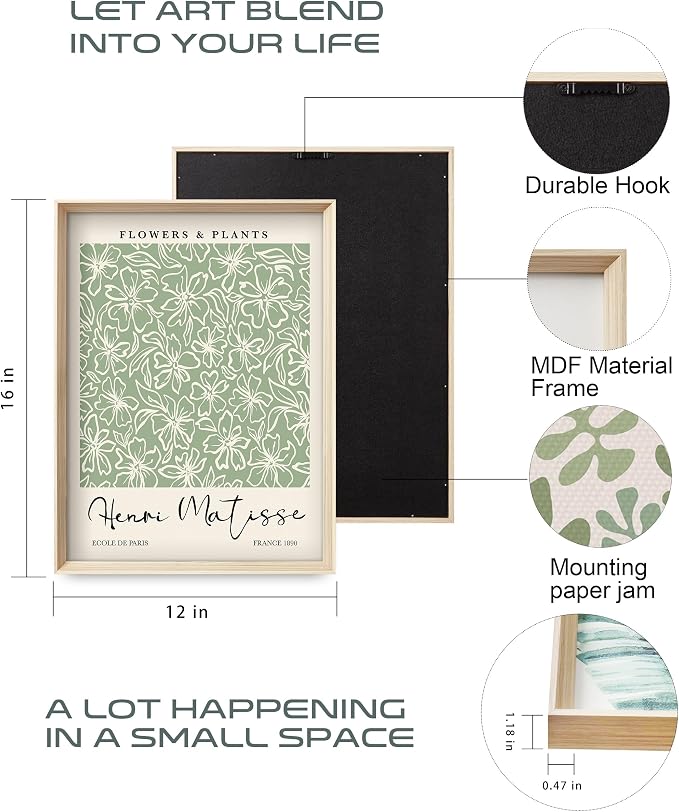 HesenDot Framed Matisse Sage Green Wall Art, William Morris Canvas Wall Decor - Image 4