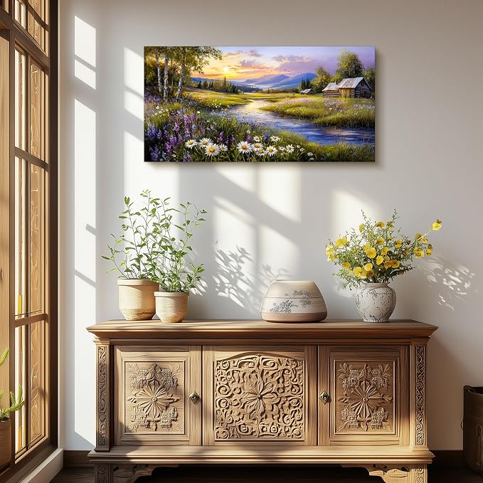 SERIMINO Large Wall Art for Living Room, River Landscape Wall Art, Meadow - Image 5