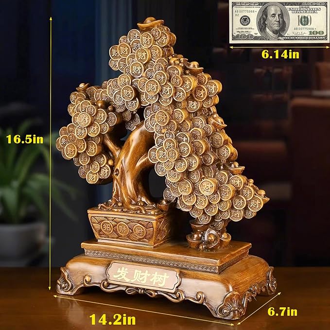 FENGSHUI-CAISHEN Top Resin Money Tree, Artificial Bonsai Tree, Handcrafted, Premium Quality, Feng Shui Gift for Abundance Luck and Success (Brown)