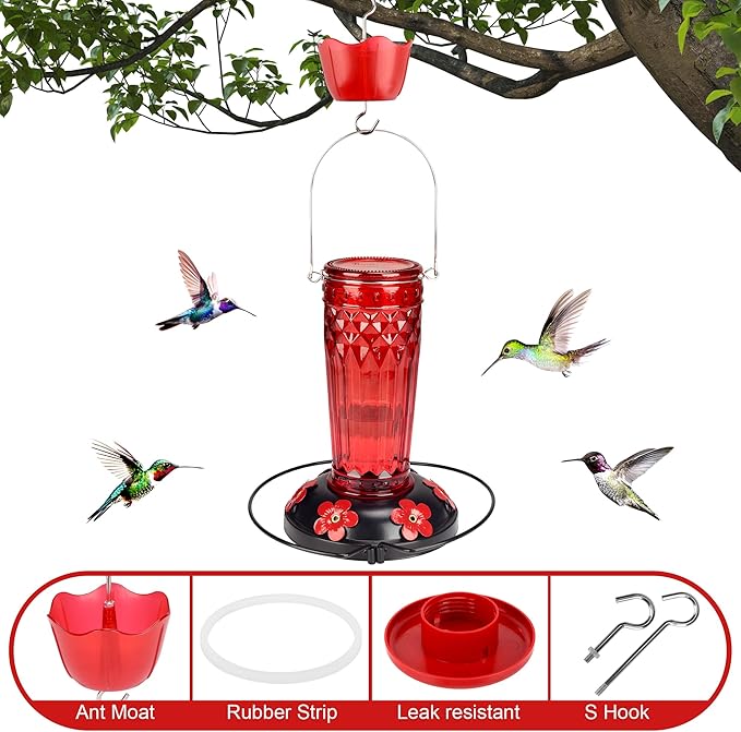 Hummingbird Feeder-16 Ounces，6 Feeding Ports Glass Hummingbird feeders for Outdoors,Wide Mouth for Easy Filling/Cleaning，Hanging for Garden Backyard Decor, Includes Ant Moat (Red)