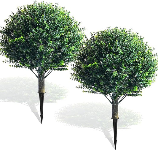 Yunlly 2 Pcs 18 Inch Artificial Boxwood Ball Topiary Tree Fake Outdoor Plants Bush, UV Resistance Faux Shrubs with Spike Realistic Greenery Potted for Indoor Garden Yard Porch Patio Decor (Dark Green)