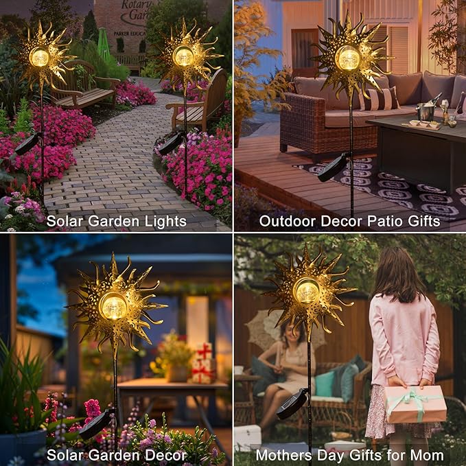 HOMEIMPRO Large Sun Solar Garden Decor Lights Outdoor Garden Gifts Mom Dad, Crackle Glass Metal Stake,Yard Decorations, Waterproof LED Lights for Lawn Patio Ornaments, Mothers Day Gifts for Women