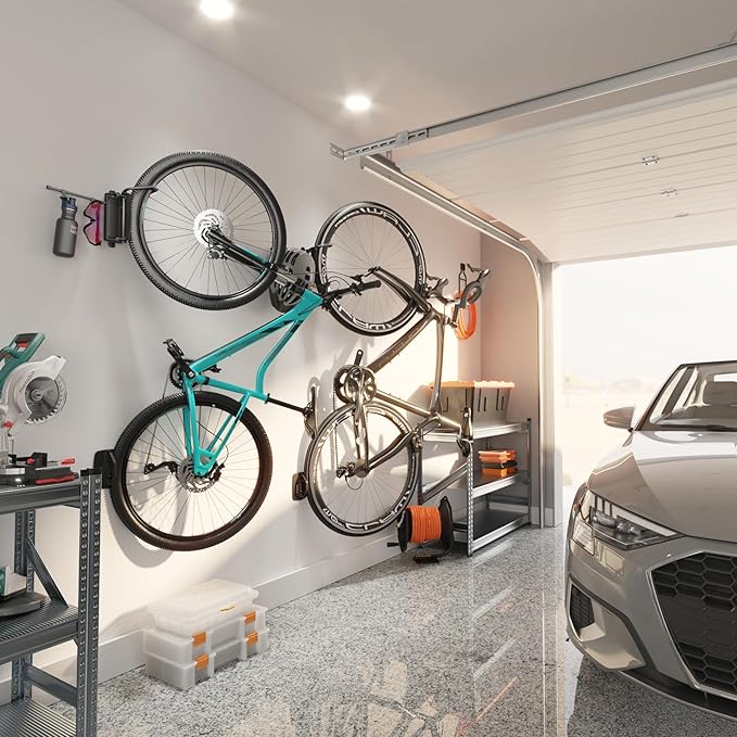 monTEK Swivel Bike Wall Mount, Bike Hangers for Garage, Bike Wall Mount with Two Extra Storage Hooks, Bike Hanger Wall Mount for Space Saving, Bike Rack Garage Holds Up to 77 lbs