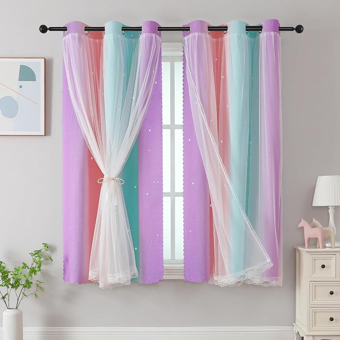 XiDi Curtains for Bedroom Kids Rainbow Pink Purple Green Curtains for Girls by Addsomecolortolife