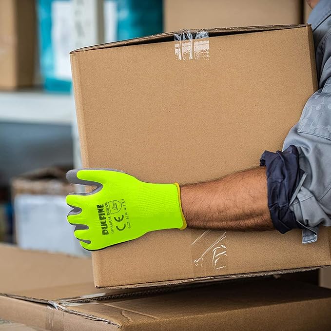DULFINE Safety Work Gloves for Men PU Coated 12 Pairs Bulk Pack,Hi-Vis Yellow Seamless Knit Glove with thin Polyurethane Coated Smooth Grip on Palm & Fingers, Ideal for General Duty Work (Large)