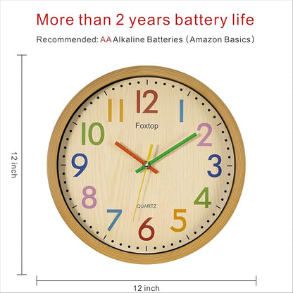 Foxtop Silent Kids Wall Clock 12 Inch Non-Ticking Battery Operated Colorful - Image 2