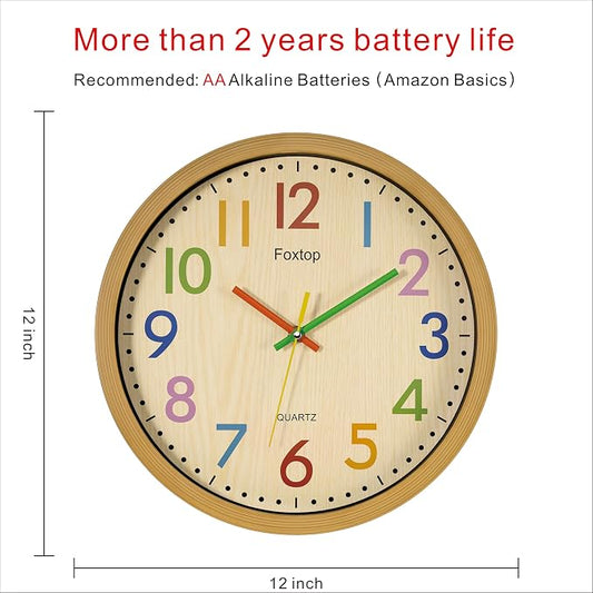 Foxtop Silent Kids Wall Clock 12 Inch Non-Ticking Battery Operated Colorful - Image 2