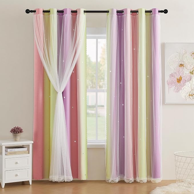 XiDi Pink Curtains for Bedroom Decor Blackout Curtains for Girl Room Rainbow by Addsomecolortolife