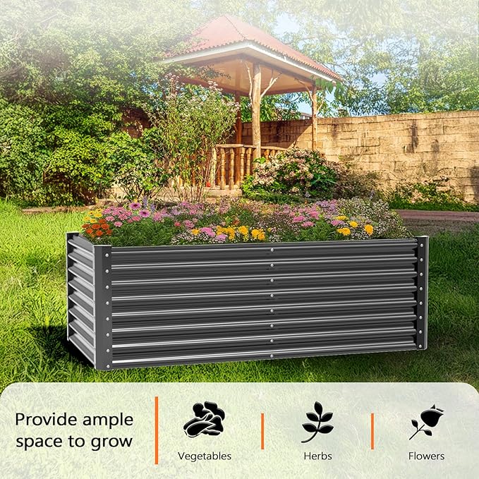 VINGLI Galvanized Raised Garden Beds Outdoor, 6x3x2 Ft, 8x4x2 Ft Lager Metal Planter Raised Beds for Planting Vegetables Flowers Herb (6 * 3 * 2（Square）)