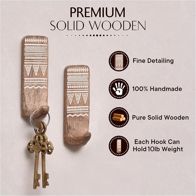IndianShelf 10 LB- 6 Pieces Decorative Wood Adhesive Wall Hooks–Boho Peel and - Image 4