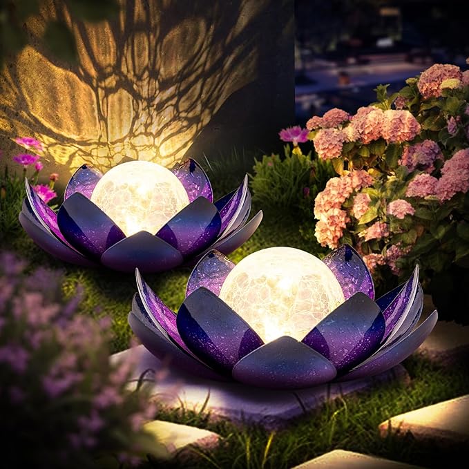 Huaxu Solar Lights for Outdoor Decor, Purple Lotus Flower Light, Waterproof LED Crackle Globe Glass Lamp for Garden, Patio, Yard, Porch, Pathway, Ground, Tabletop Christmas Gifts for Mom,Women