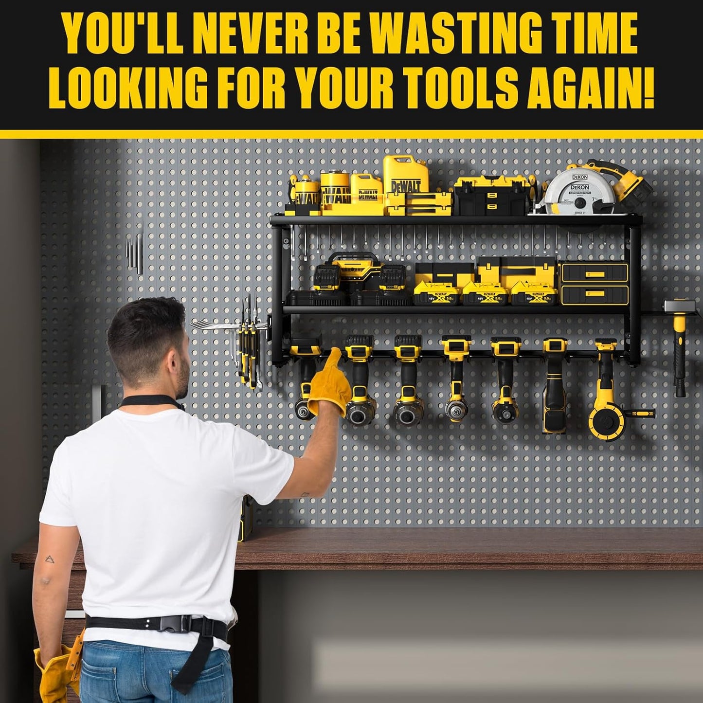 Power Tool Organizer Wall Mount for Tool Storage, Heavy Duty 7 Slots Cordless Drill Holder and Battery Shelf, Metal Tool Holder and Storage Rack with Charging Station for Garage Organization