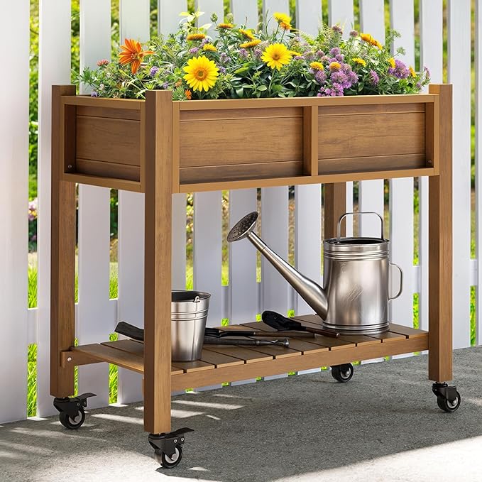 YITAHOME Raised Garden Bed, HIPS Poly Wood Elevated Planter Box with Shelf & Wheels for Mobility, Small Flower Box Stand for Patio Balcony Garden Backyard, Teak