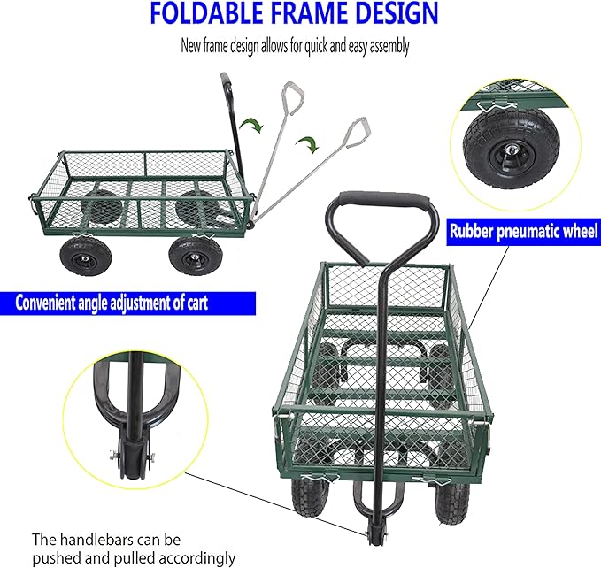 Heavy Duty 400 Lbs Capacity Mesh Steel Garden Cart Folding Utility Wagon with Removable Sides Multi-Purpose