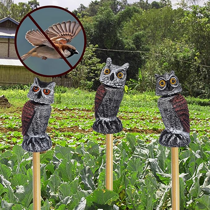 Hausse 3 Pack Bird Scarecrow Fake Horned Owl Decoy, Rotating Head Plastic Owl Bird Deterrents, Nature Enemy Horned Pest Repellent for Outdoor Garden