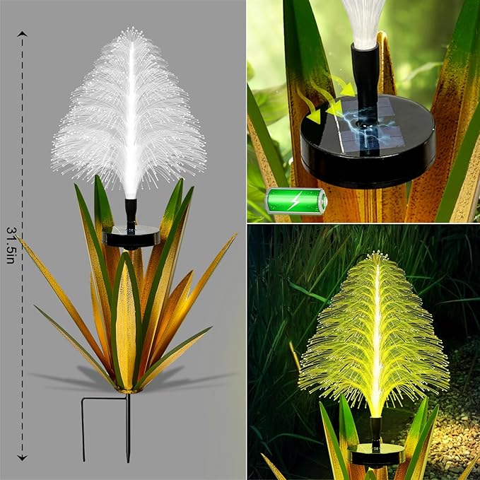 Metal Outdoor Decoration Gift Christmas Decorations Outdoor Metal Agave Yard Art Garden Lights Solar Outdoor, 7 Color Changing Garden Yard Pathway Xmas Decor Waterproof(2 pcs Light Green)