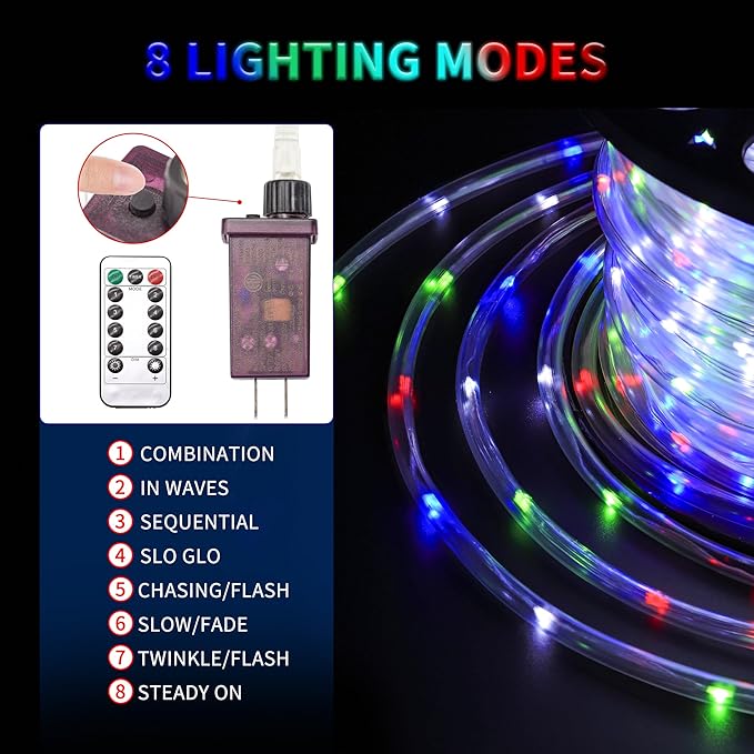 LED Rope Lights for Outside 100Ft Waterproof LED Rope Lighting 429 LEDs 110V 8 Modes Remote Control Timer Christmas Rope Lights for Outdoor Party Holiday Garden Decoration (Multicolor)