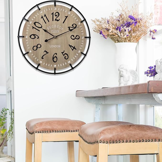 30 Inch Oversized Farmhouse Wall Clock, Metal Rustic Wood - Image 7