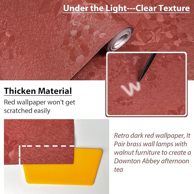 Dark Red Peel and Stick Wallpaper Textured Embossed Floral Contact Paper Peel - Image 6