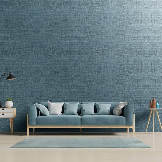 Yancorp 32.8ft Textured Fabric Teal Wallpaper Faux Grasscloth Blue Peel and - Image 2